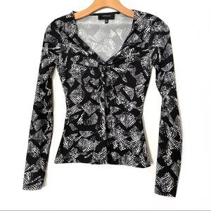 Karen Millen Stretch Knit Top Black White Geometric Print 2 XS Long Sleeve